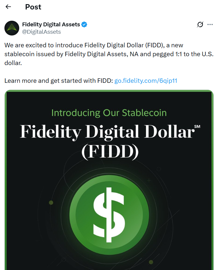 Fidelity ra mắt stablecoin FIDD neo tỷ giá 1:1 với USD缩略图 Fidelity ra mắt stablecoin FIDD neo tỷ giá 1:1 với USD缩略图