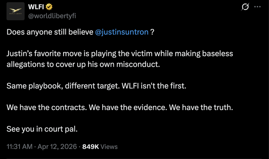 Justin Sun bất ngờ chỉ trích World Liberty Financial của gia đình Donald Trump và bị dọa kiện缩略图 Justin Sun bất ngờ chỉ trích World Liberty Financial của gia đình Donald Trump và bị dọa kiện缩略图