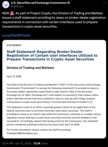 SEC bất ngờ tuyên bố một số giao diện tiền mã hóa không cần đăng ký làm môi giới缩略图